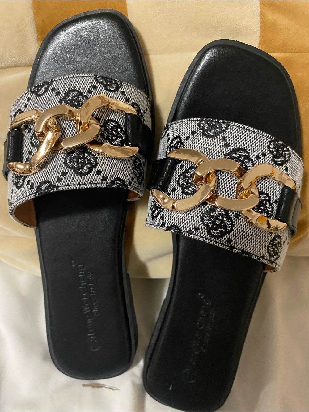 Gucci Black and Gold Chain-Embellished Monogram Slide Sandals